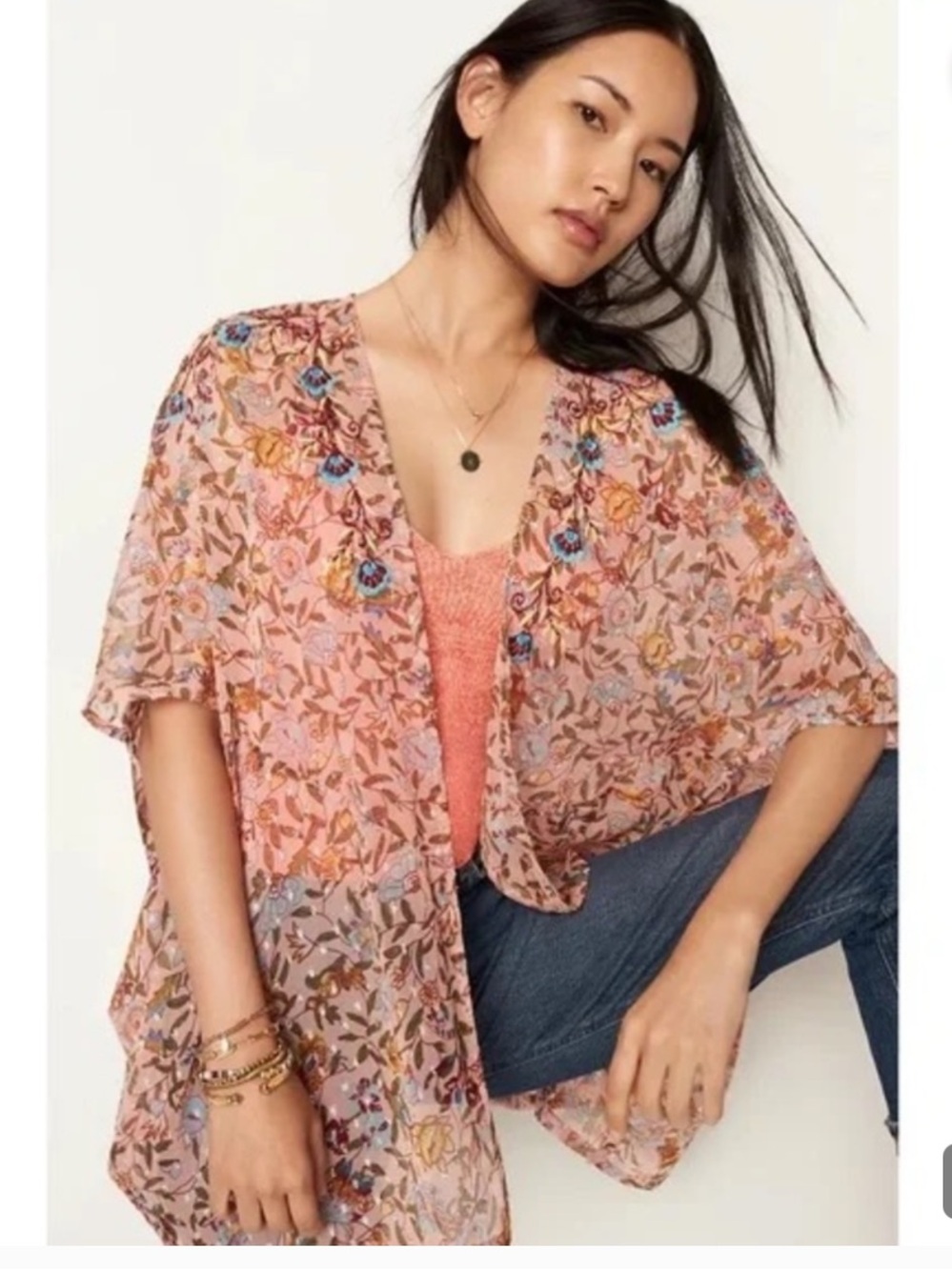 Anthropologie Andersen & Lauth Bella Beaded floral sheer embroidered Kimono